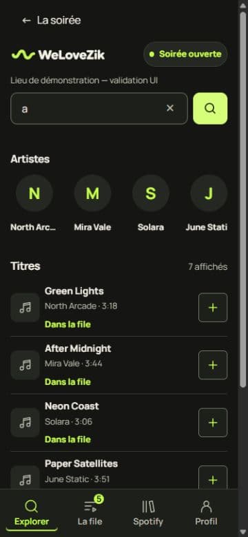 Le jukebox WeLoveZik côté participant : recherche musicale et accès à la file en démonstration